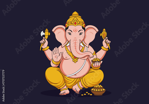 Ganesha sits crosslegged holding axe and sweets adorned with gold jewelry