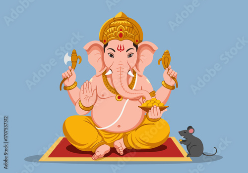 Ganesha sits holding an axe  sweets with a rat eating a sweet nearby all on a red rug against a blue background