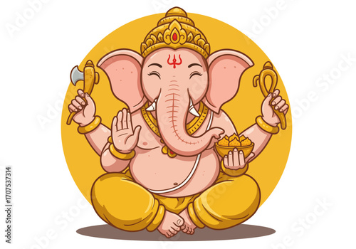 Ganesha sits holding an axe bowl of sweets and noose with a golden halo behind him