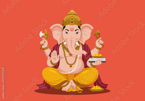 Ganesha sits holding an axe a plate of treats and offering a blessing