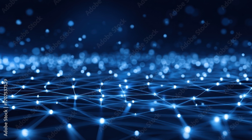 Obraz premium Abstract shimmering blue network with glowing nodes and lines against a dark background creating a sense of connectivity and technology