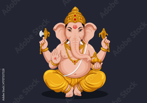 Hindu deity Ganesha sits crosslegged holding symbolic objects wearing golden ornaments