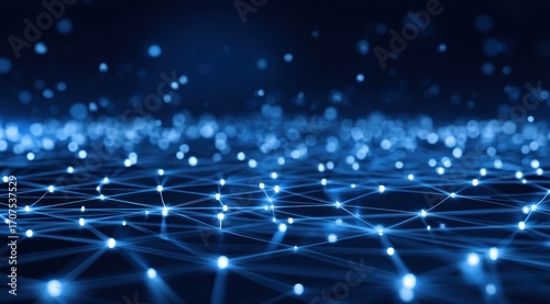 Abstract shimmering blue network with glowing nodes and lines against a dark background creating a sense of connectivity and technology