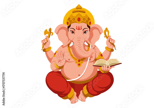 The illustration portrays Ganesha seated holding tools and a book adorned with golden ornaments
