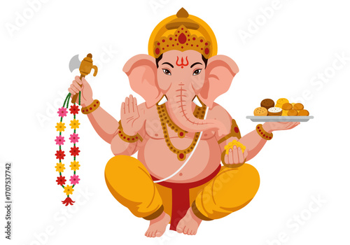 Vector art depicts Ganesha holding axe  sweets adorned with jewels seated
