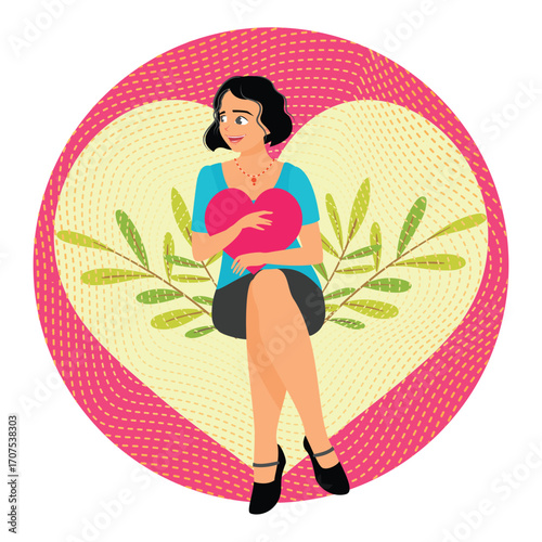 Feeling Self Love Concept. Joyful Woman Holding Heart Symbol in Happiness.