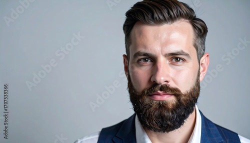Close-up of a man with a beard and styled hair