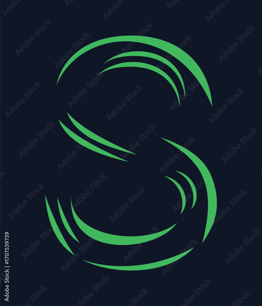 Fototapeta premium Abstract letter s swirl logo with green curved swooshes on dark navy