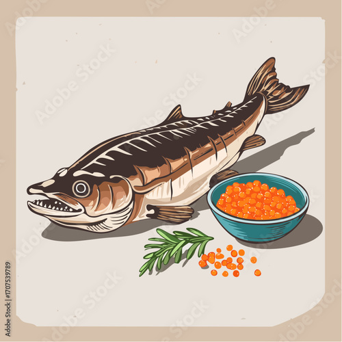 Fresh sturgeon and vibrant caviar ready for a gourmet meal or culinary presentation