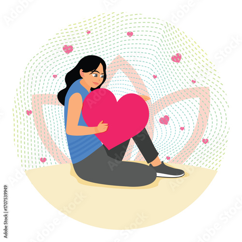 Feeling Self Love Concept. Young Woman Holding a Heart Symbolizing Love and Inner Peace.