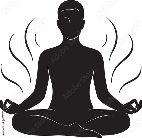 Black silhouette of person meditating in lotus pose with emanating energy