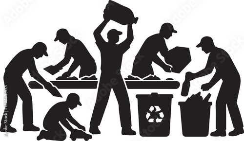 Silhouettes of people sorting and recycling waste management
