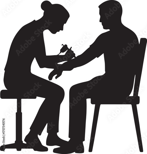 Silhouette of tattoo artist working on client arm vector