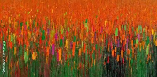 An abstract field of short vertical strokes creates a vibrant, textured impression of a landscape in orange, green, and magenta hues