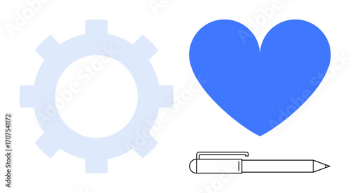Gear, heart, and pen symbolizing creativity, emotional intelligence, and productivity. Ideal for teamwork, strategy, innovation, self-expression motivation problem-solving and simple landing page