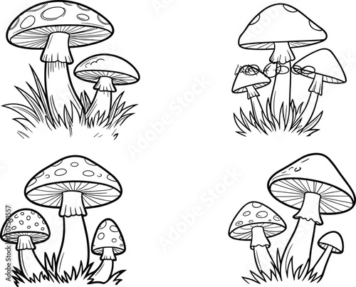 Black and White Line Drawings of Mushrooms, Hand-Drawn Fungi in Grass, Nature Sketch Art, Botanical Illustration