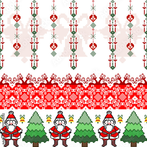 Pixel seamless pattern with decorative Christmas trees and Santa Claus. Vector illustration. Cross-stitch Christmas-themed design for wallpaper, gift wrapping, textiles, rugs, and elaborate borders.