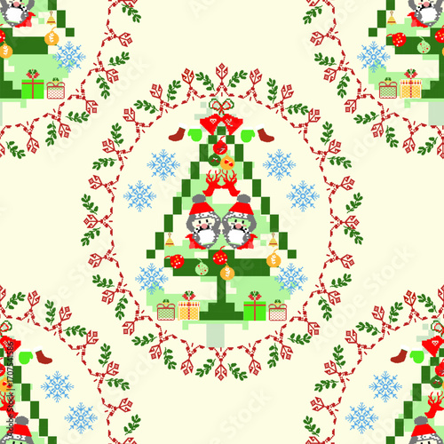 Merry Christmas and Happy New Year. Pixel seamless pattern. Ideas for cards, wallpaper, backdrops, curtains, rugs, and textiles.