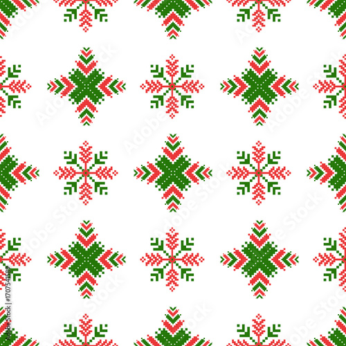 Seamless pattern with Christmas trees and snowflakes on a white background. Ideas for cards, wallpaper, backdrops, curtains, rugs, and textiles.