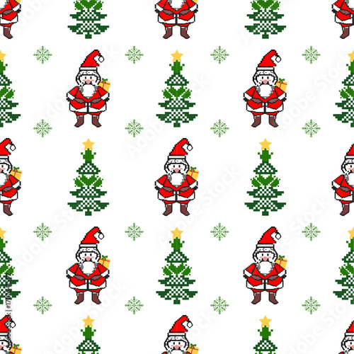 Pixel seamless pattern with decorative Christmas trees and Santa Claus. Vector illustration. Cross-stitch Christmas-themed design for wallpaper, gift wrapping, textiles, rugs, and invitation cards.