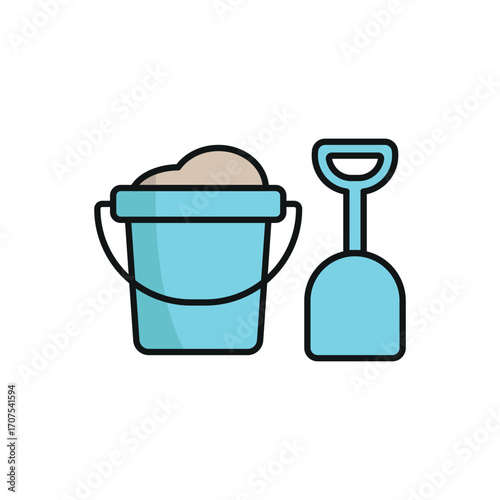 Bucket and spade with sand icon in color with line for holiday and outdoor branding.