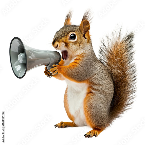 Squirrel holds megaphone,PNG,transparent background,clipart,concept of animal advertising