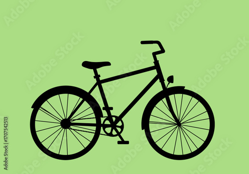 A black bicycle silhouette on a light green background featuring wheels seat handlebars and pedals