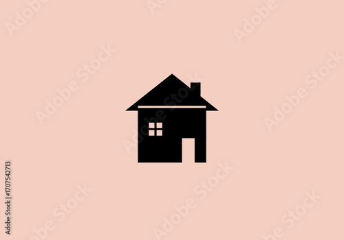 A black house icon with a triangle roof chimney window and door set against a peach background