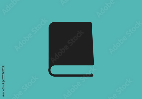 A black silhouette of a book against a teal background