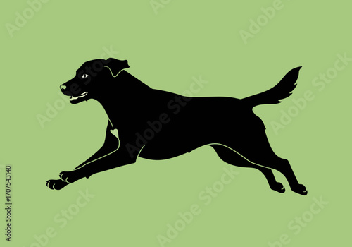 A black silhouette of a running dog against a light green background