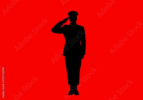 A black silhouette of a saluting military figure against a bright red backdrop