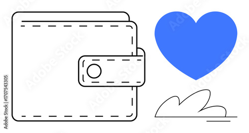 Wallet with stitching detail joined by blue heart and abstract cloud. Ideal for finance, savings, charity, investment, budgeting, giving, and financial security. Simple flat metaphor