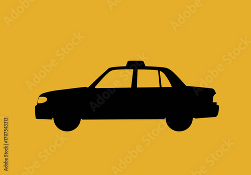A black silhouette of a taxi against a solid mustard yellow background