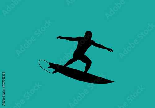 A black silhouette shows a surfer riding a surfboard on a turquoise backdrop