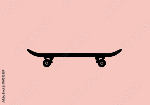 A black skateboard with curved ends and wheels is centered on a light pink background
