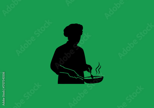 A chef silhouette stirs food in a pan steam rising against a green background