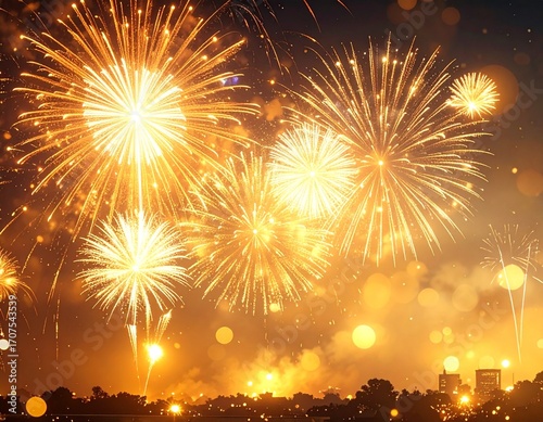 Aesthetic ultra realistic New Year’s Eve golden bokeh overlay, fireworks blurred 