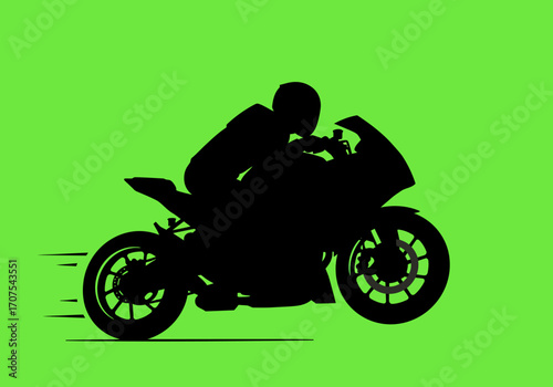 A motorcycle silhouetted in black with a rider against a green backdrop