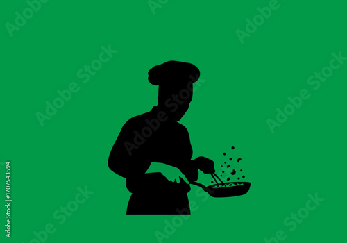 A silhouette of a chef cooking in a pan set against a green backdrop