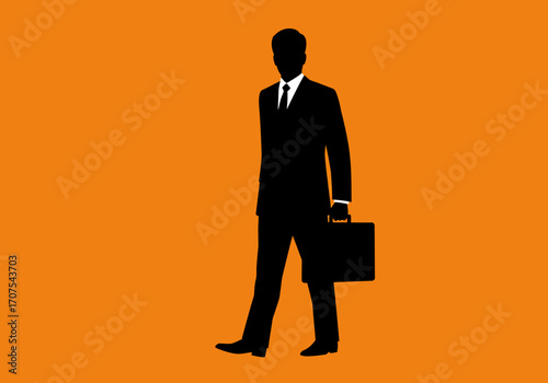 A silhouetted businessman in a suit holds a briefcase against an orange background