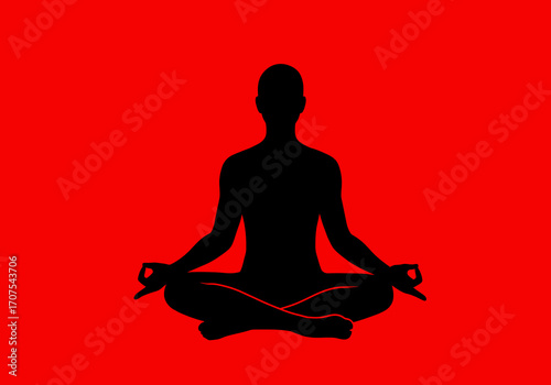 A silhouetted figure is meditating in lotus position against a red background