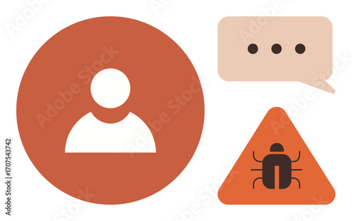 User profile placed within a circle, a bug warning sign in a triangular alert, and a speech bubble with ellipsis. Ideal for cybersecurity, troubleshooting, software, IT support, caution, alert