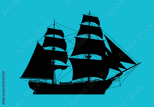 A silhouetted twomasted sailing ship against a blue background
