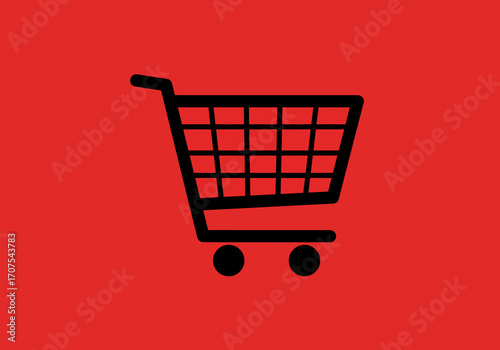A simple black shopping cart icon against a solid red background