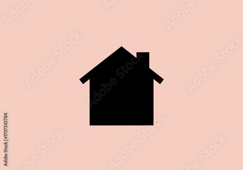 A simple black house icon with a chimney against a peach background