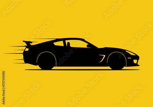 Black car silhouette racing on a yellow background