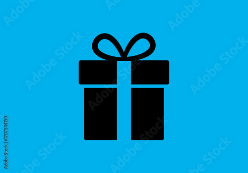 Black gift icon on blue box with ribbon