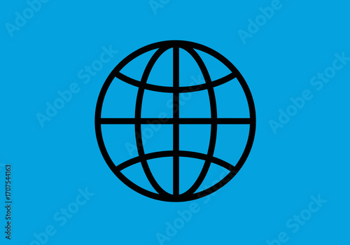 Black globe grid on blue background lines curving around a circle