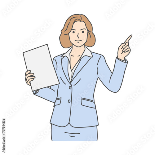 Cartoon illustration of confident businesswoman presenting information with a document in a professional attire