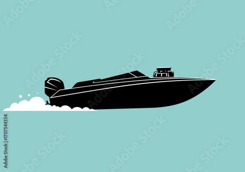 Black motorboat races across a light blue surface with a wake of white foam trailing behind it